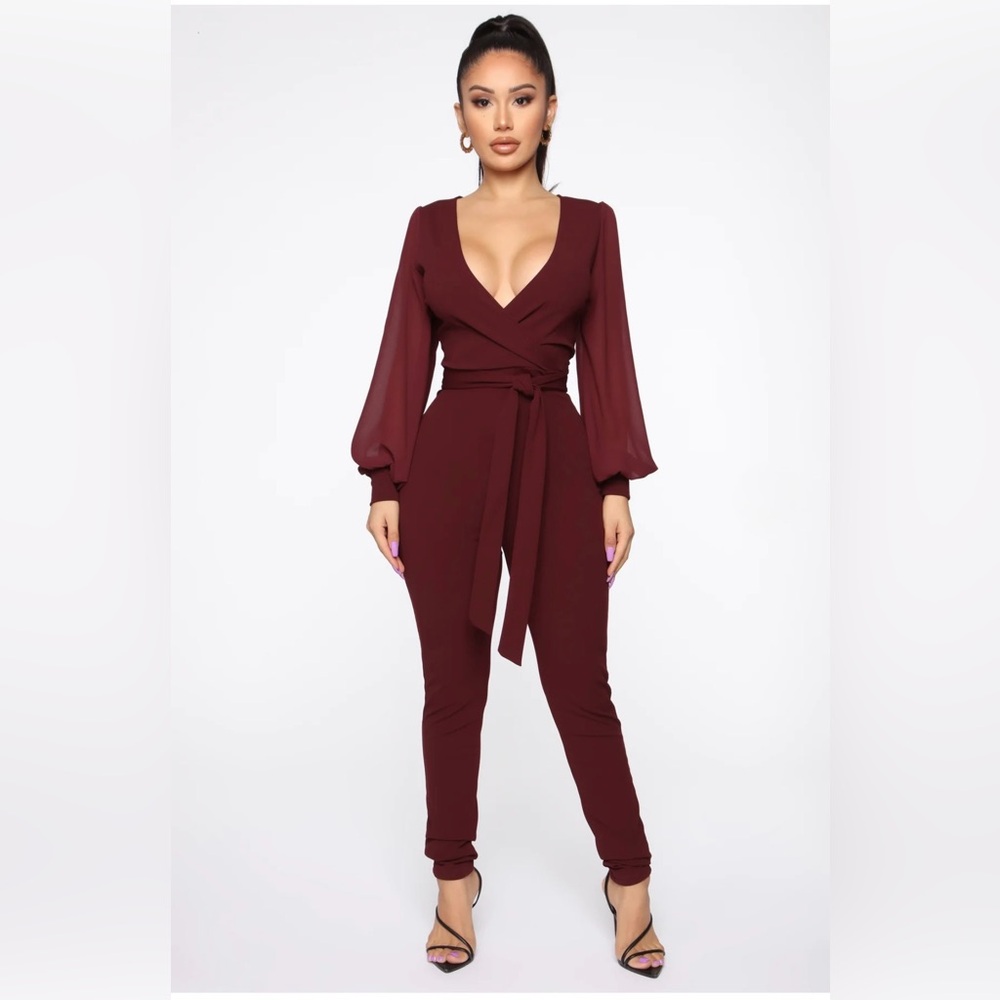 All About Me Ballon Sleeve Burgundy Jumpsuit